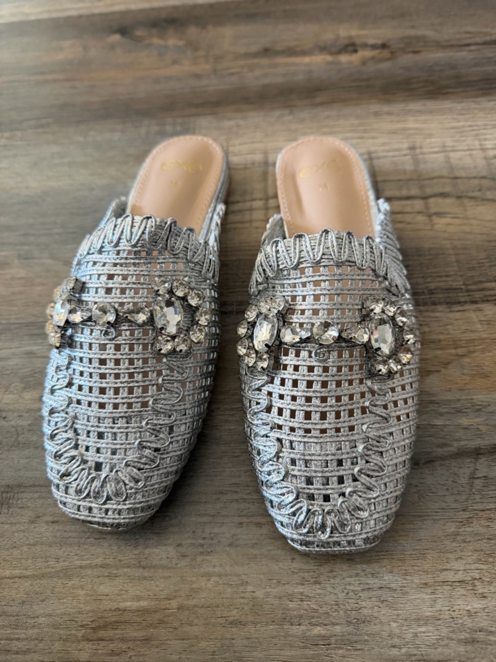 Silver Exe Crystal-Embellished Woven Slip-On Mules